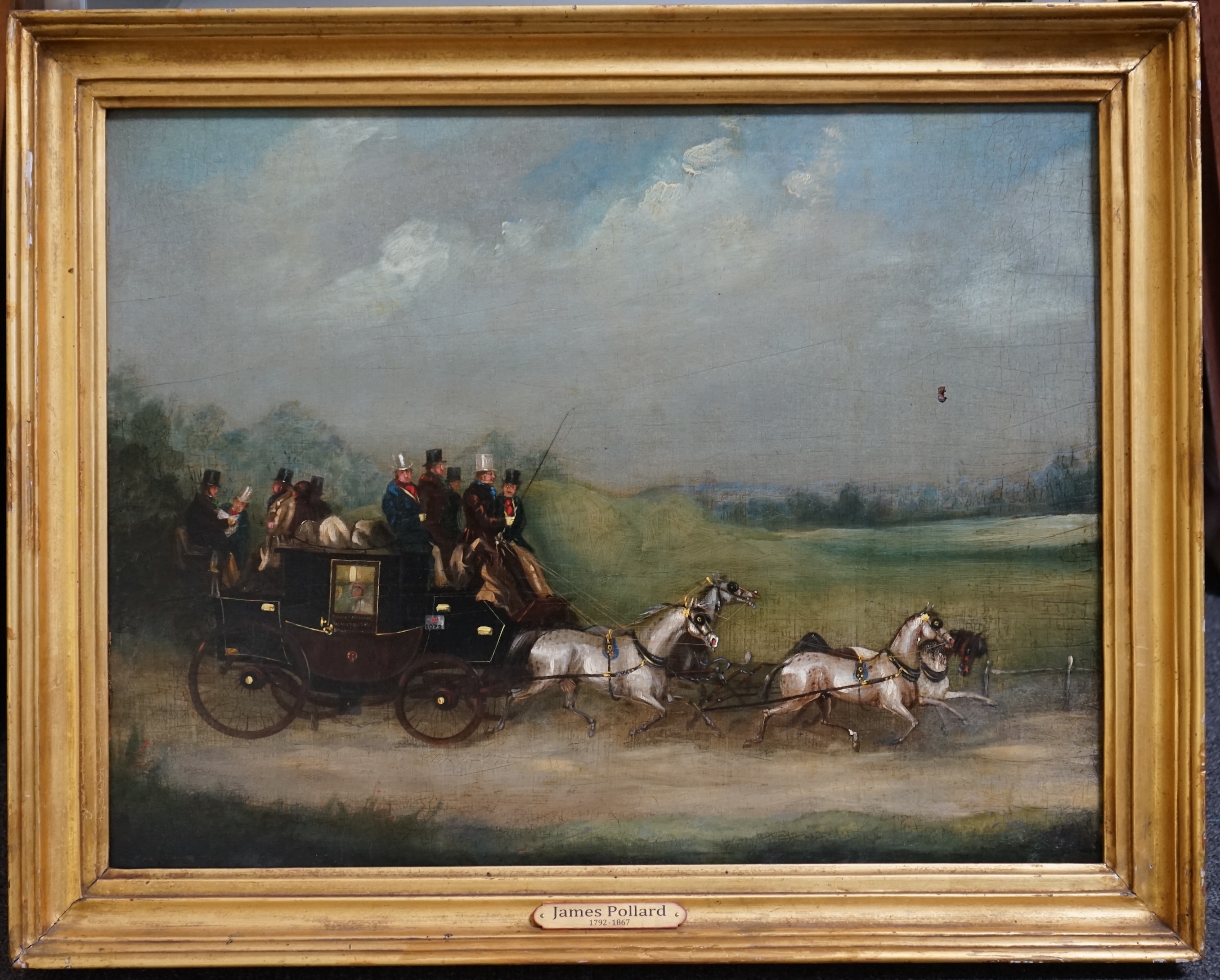 Attributed to James Pollard (British, 1792-1867), The Thomas Carpenter London to Brighton Mail Coach, oil on panel, 42 x 55cm